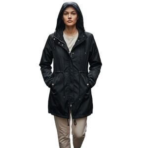 IRIS Satin Trench Coat Jacket Hooded Sz M Black Whimsigoth Preppy Lightweight